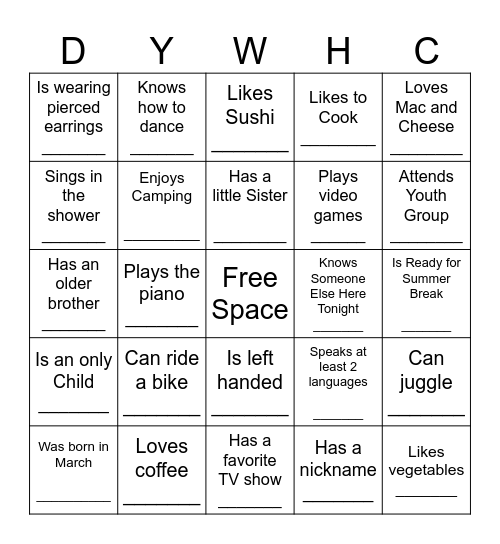 YOUTH HUMAN BINGO Card