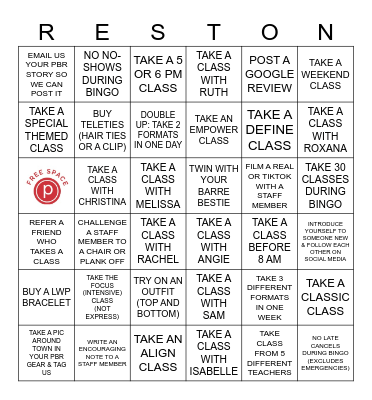 Pure Barre Reston BINGO! Bingo Card
