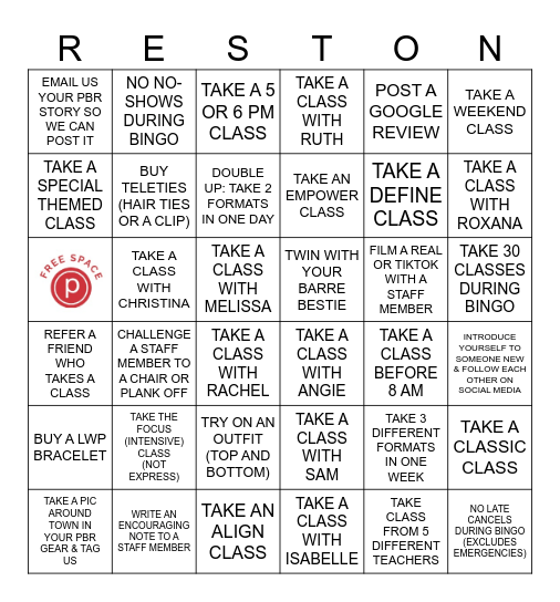Pure Barre Reston BINGO! Bingo Card