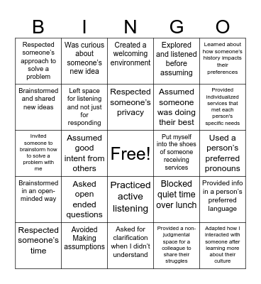 Cultivating a Safe Space: HCA Team Value Bingo Card