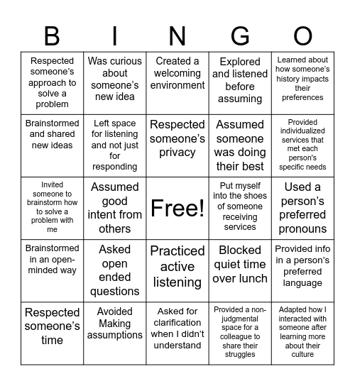 Cultivating a Safe Space: HCA Team Value Bingo Card