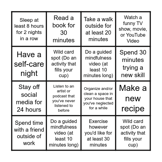 Wellness Bingo Card Bingo Card