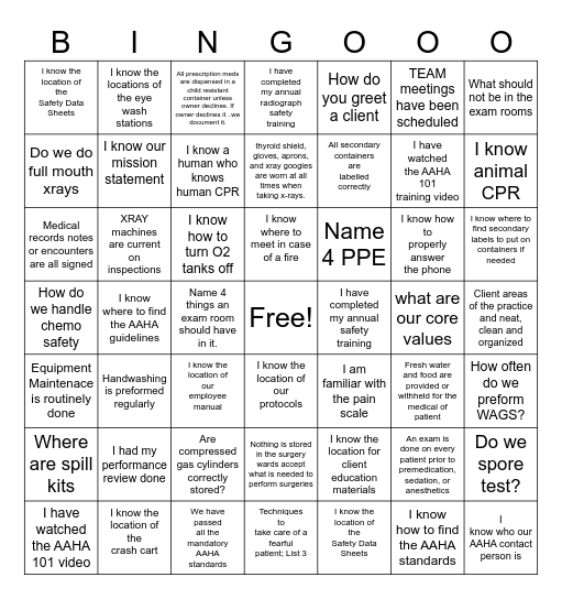 AAHA BINGO Card