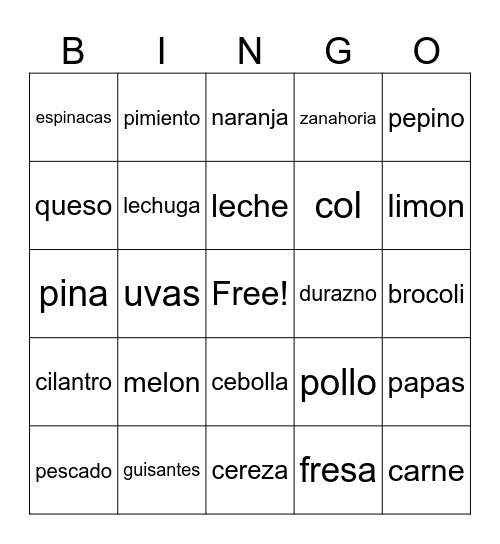 Bingo Frutas y Verduras Bingo Card