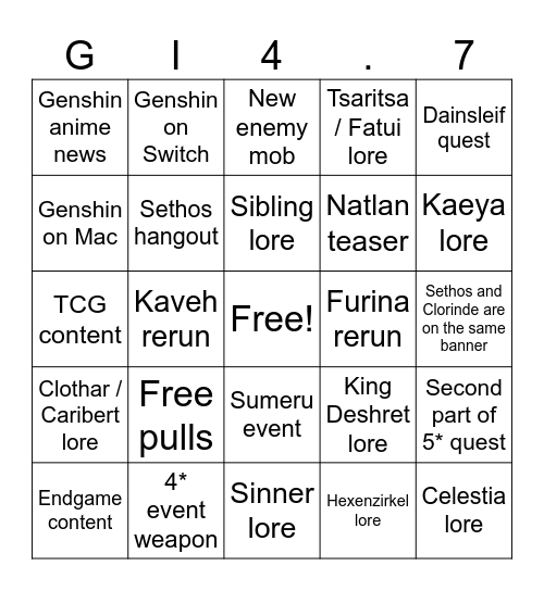 Genshin 4.7 Bingo Card