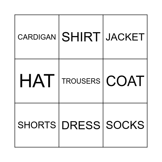 Clothes Bingo Card