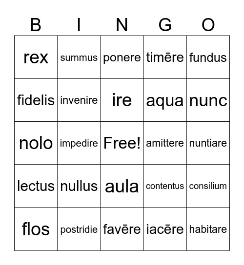 Latin I Vocabulary Review Bingo Card