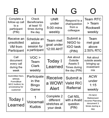 TEAM WELLS Bingo Card