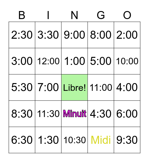 À l'heure / et demie Bingo Card