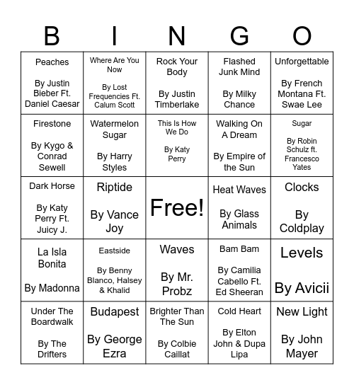 Beach Music Bingo Card