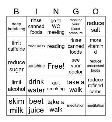 Healthy Blood Pressure Bingo Card