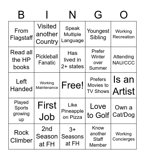 Forest Highlands Welcome Bingo Card