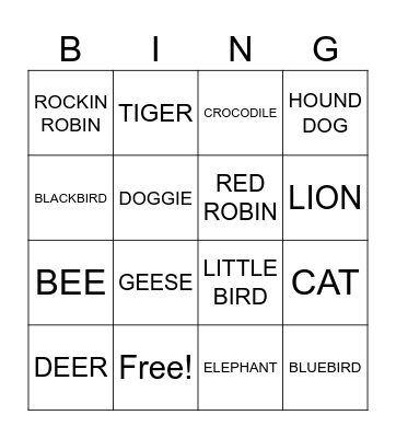 Animal BINGO Card