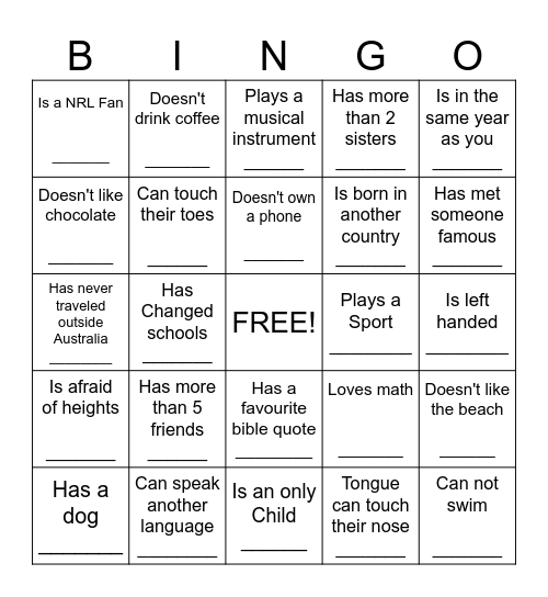 Icebreaker Bingo Card