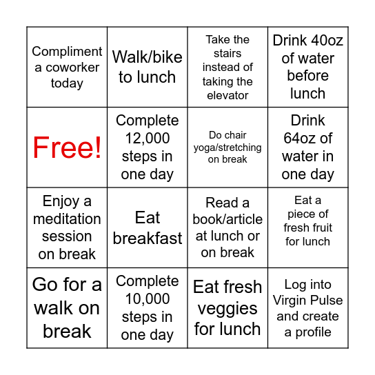 Employee Health & Fitness Month BINGO Card