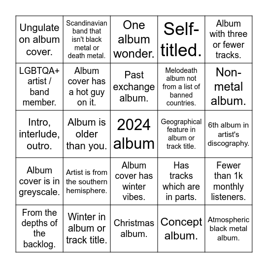 Winter Album Bingo Card