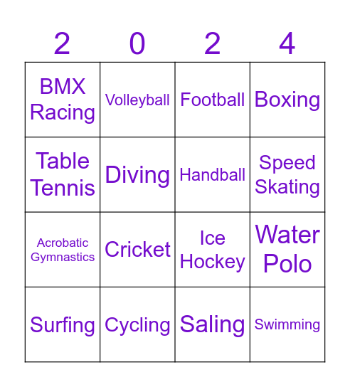 Olympic Games Bingo Card