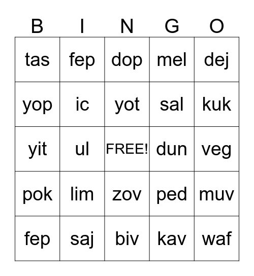 Nonsence Word Bingo Set 2 Bingo Card