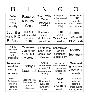 TEAM WELLS Bingo Card