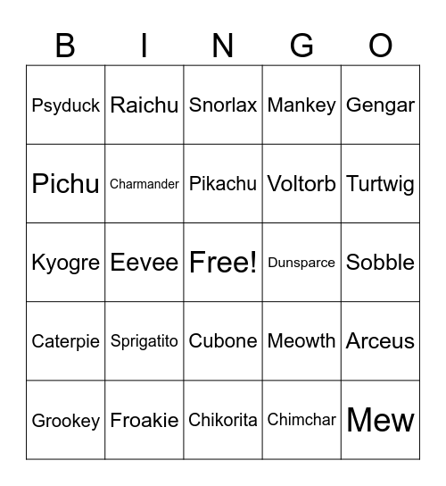 Pokèmon Bingo Card