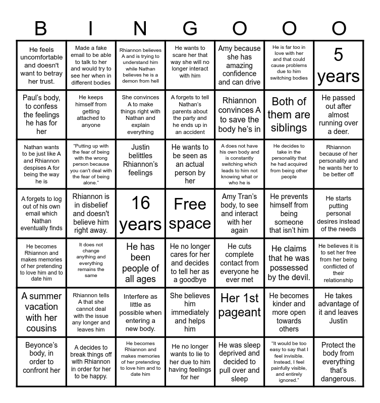 Every Day by David Levithan Bingo Card