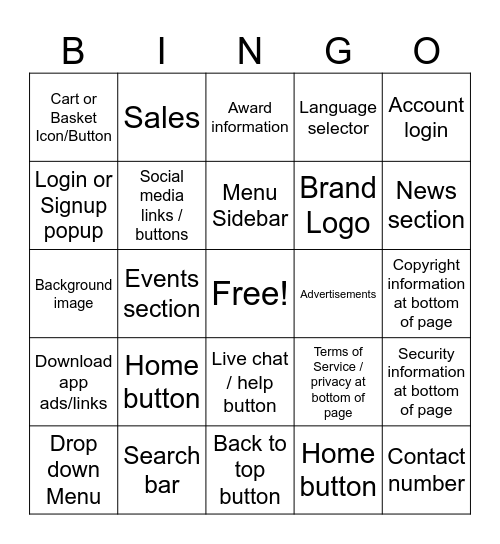 Website Conventions and Features! Bingo Card