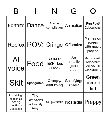 YT Shorts Bingo Card