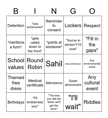 Y10 G/F Assembly Bingo Card