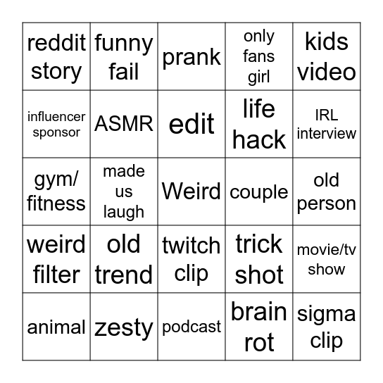 Snapchat Spotlight Bingo Card