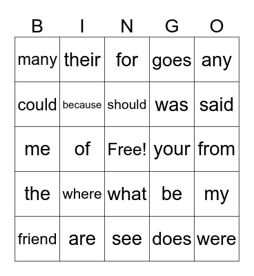 Heart Words Bingo Card