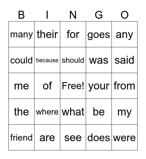 Heart Words Bingo Card