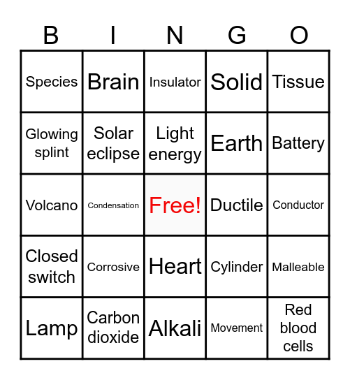 Science Stage 7i Revision Bingo Card