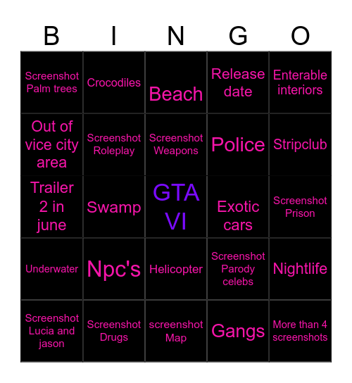 Gta VI trailer/screenshot Bingo Card