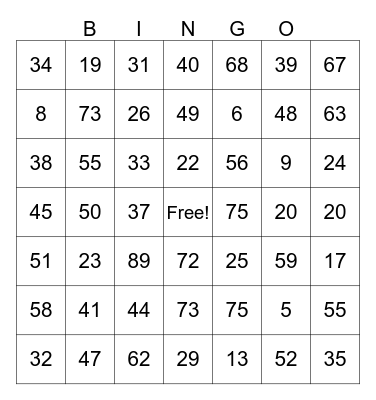 Bingo 1-75 Bingo Card