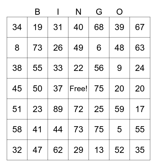 Bingo 1-75 Bingo Card