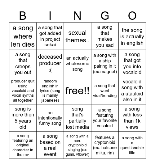 vocaloid song bingo Card