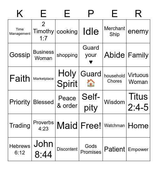 Keeper of the Home Bingo Card