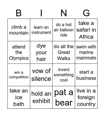 Bucket List Bingo Card
