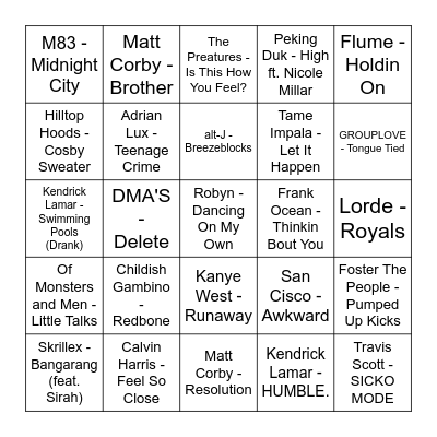 Triple J Hottest 100 (2010's) Bingo Card