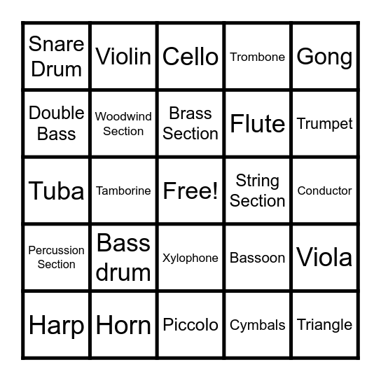 INSTRUMENTS OF THE ORCHESTRA Bingo Card