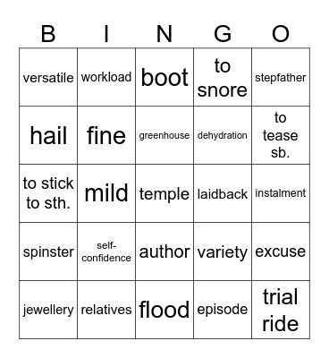 Vocabulary revision Bingo Card