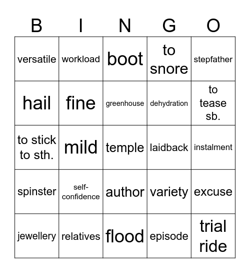 Vocabulary revision Bingo Card