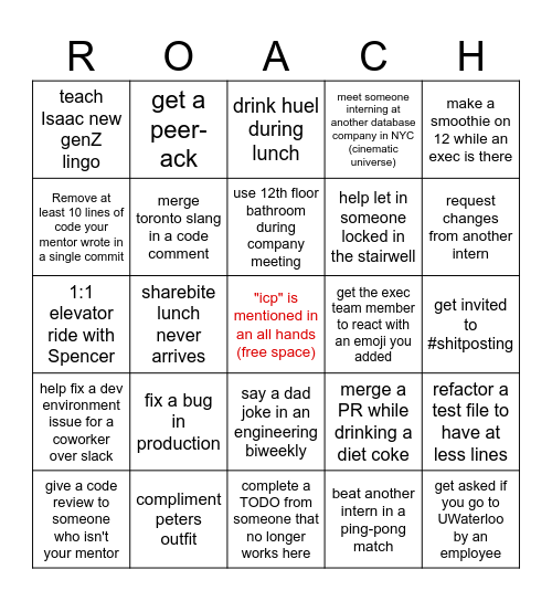 CockroachLabs 2024 Intern Boingo Bingo Card