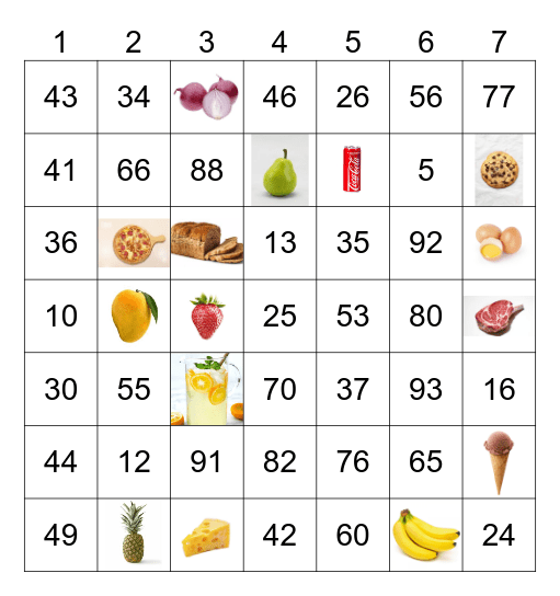 Food and numbers Bingo Card