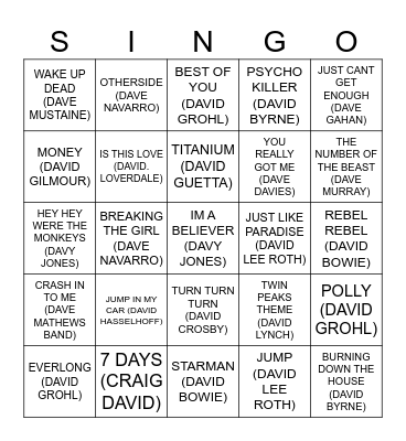 925 SONGS BY DAVIDS Bingo Card