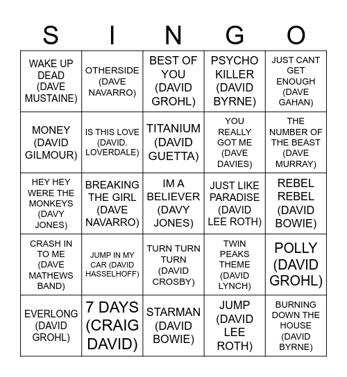925 SONGS BY DAVIDS Bingo Card