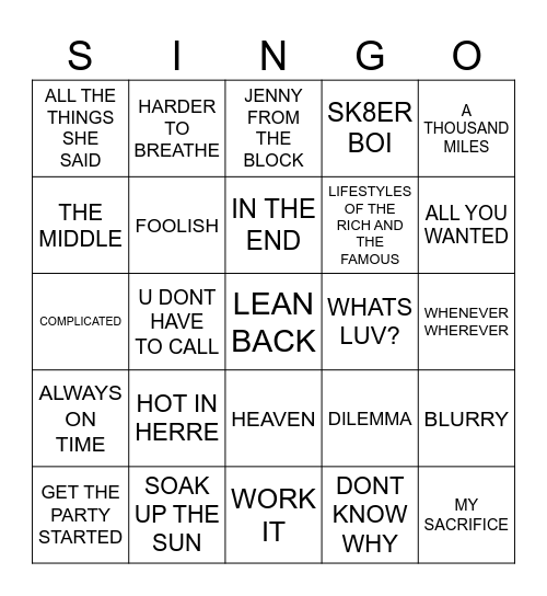 926 POP HITS 2002 Bingo Card
