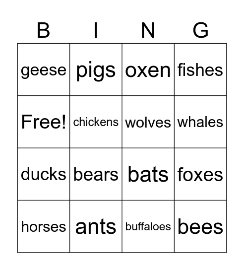 Plural Animal Bingo Card