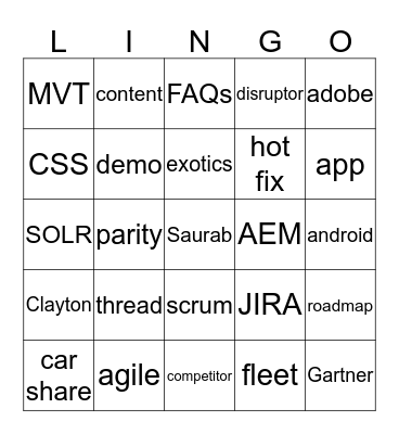 Enterprise / National Lingo Bingo Card