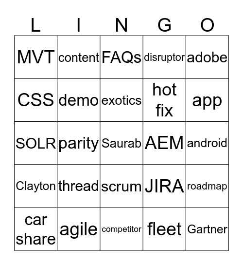 Enterprise / National Lingo Bingo Card